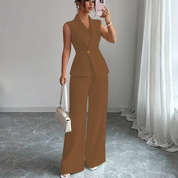 Women’s Elegant Sleeveless Pantsuit – Solid Color Two-Piece Set