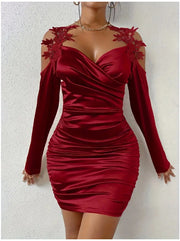 Women’s Satin Lace Shoulder Bodycon Dress – Elegant Off-Shoulder Ruched Mini (Multiple Colors)