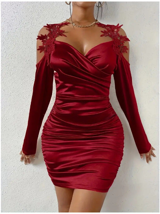Women’s Satin Lace Shoulder Bodycon Dress – Elegant Off-Shoulder Ruched Mini (Multiple Colors)