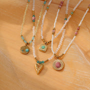 Bohemian Gemstone Beaded Pendant Necklace – Layered Turquoise & Pearl Beads with Gold Accents | Handmade Boho Jewelry for Women