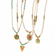 Bohemian Gemstone Beaded Pendant Necklace – Layered Turquoise & Pearl Beads with Gold Accents | Handmade Boho Jewelry for Women