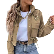 Women’s Cropped Cargo Jacket – Utility Pocket Spandex Streetwear in Khaki, Green & Black