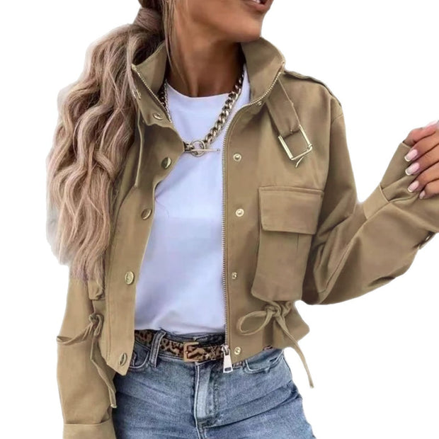 Women’s Cropped Cargo Jacket – Utility Pocket Spandex Streetwear in Khaki, Green & Black