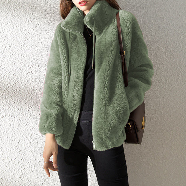 Plush Fleece Zip-Up Jacket – Soft Winter Coat for Women