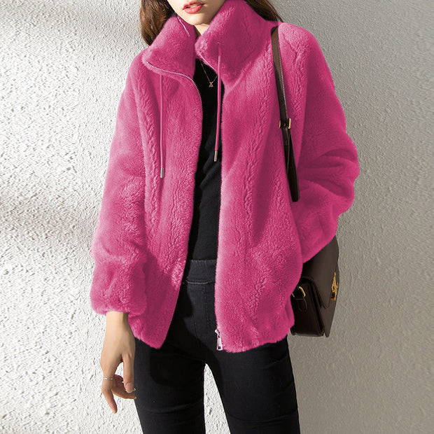 Plush Fleece Zip-Up Jacket – Soft Winter Coat for Women