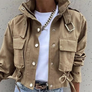Women’s Cropped Cargo Jacket – Utility Pocket Spandex Streetwear in Khaki, Green & Black