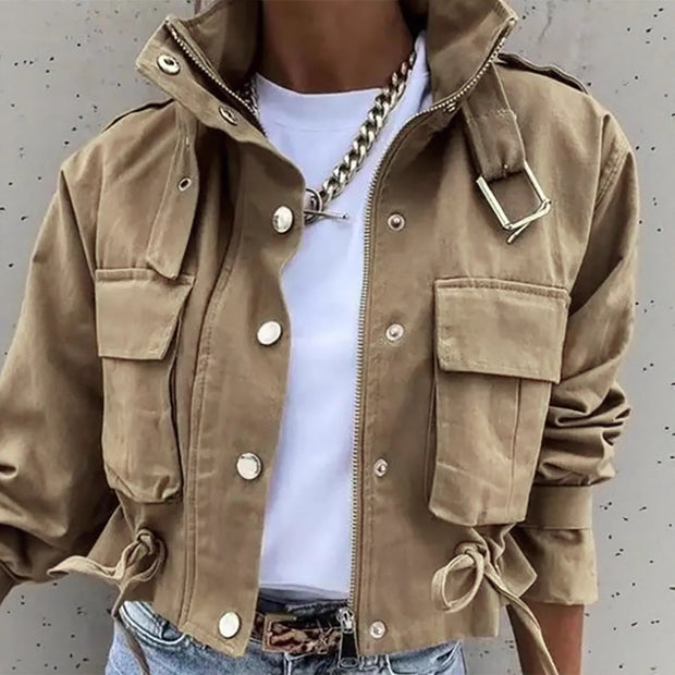 Women’s Cropped Cargo Jacket – Utility Pocket Spandex Streetwear in Khaki, Green & Black