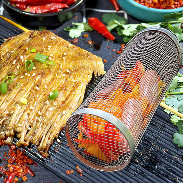 Rolling BBQ Grill Basket – Stainless Steel Rotating Barbecue Basket for Vegetables & Meat