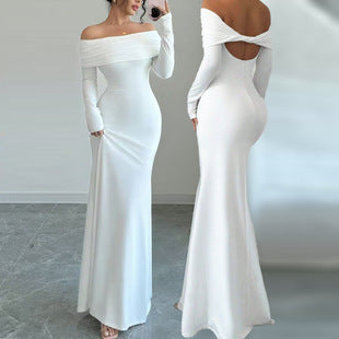Women’s Off-Shoulder Long Sleeve Evening Dress – Slim Fit Solid Color Gown