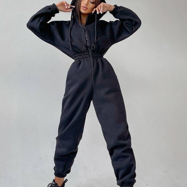 Women’s Zip-Up Jumpsuit – Long Sleeve Spandex Streetwear with Stand Collar (Multiple Colors)